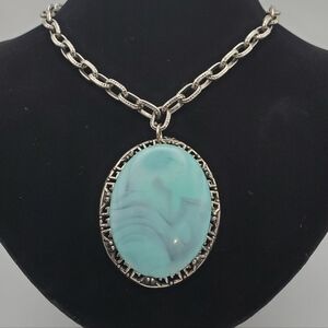 Large Faux Turquoise Stone Pendant Necklace Ornate Bezel Chunky Silver Chain